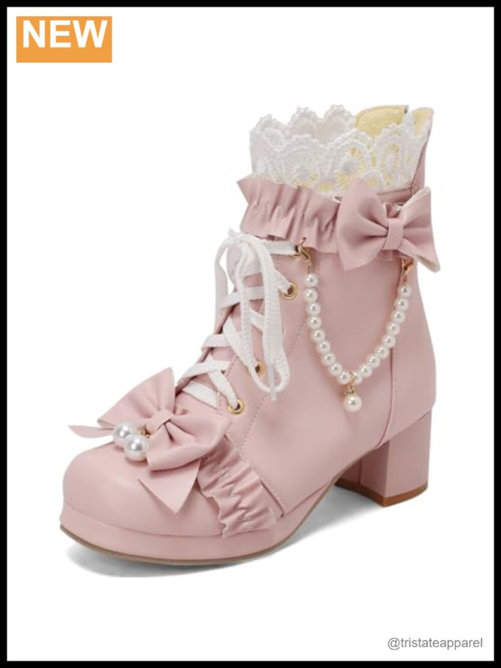 LUXMAX Women Lolita Ankle Boots Chunky Mid Heel Lace Up Faux Leather Booties